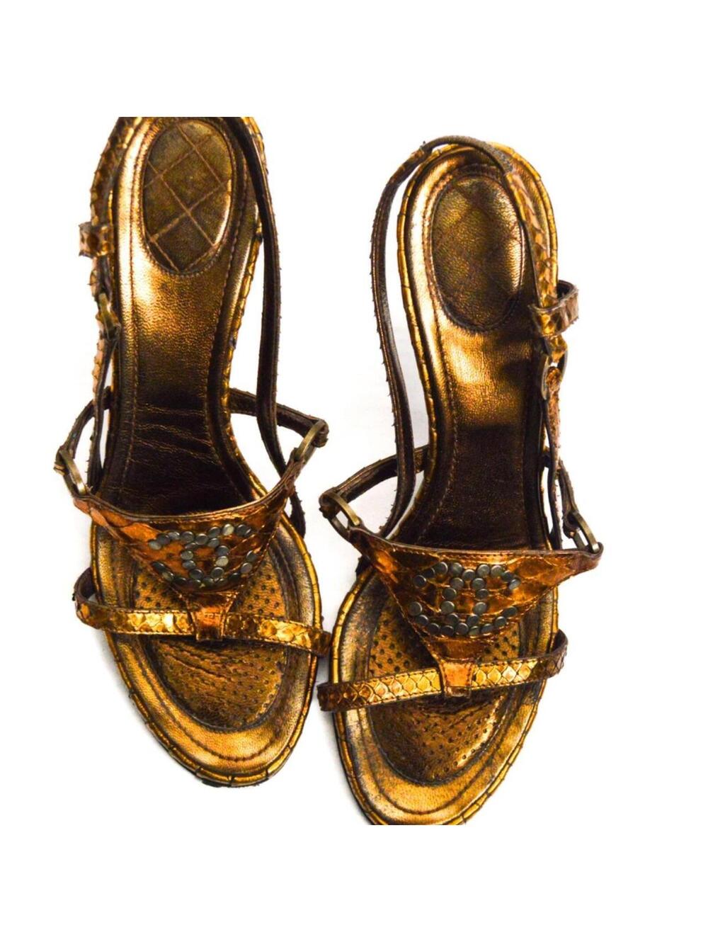 Chanel Copper Python Heels Featuring A Slingback Style And Studded CC